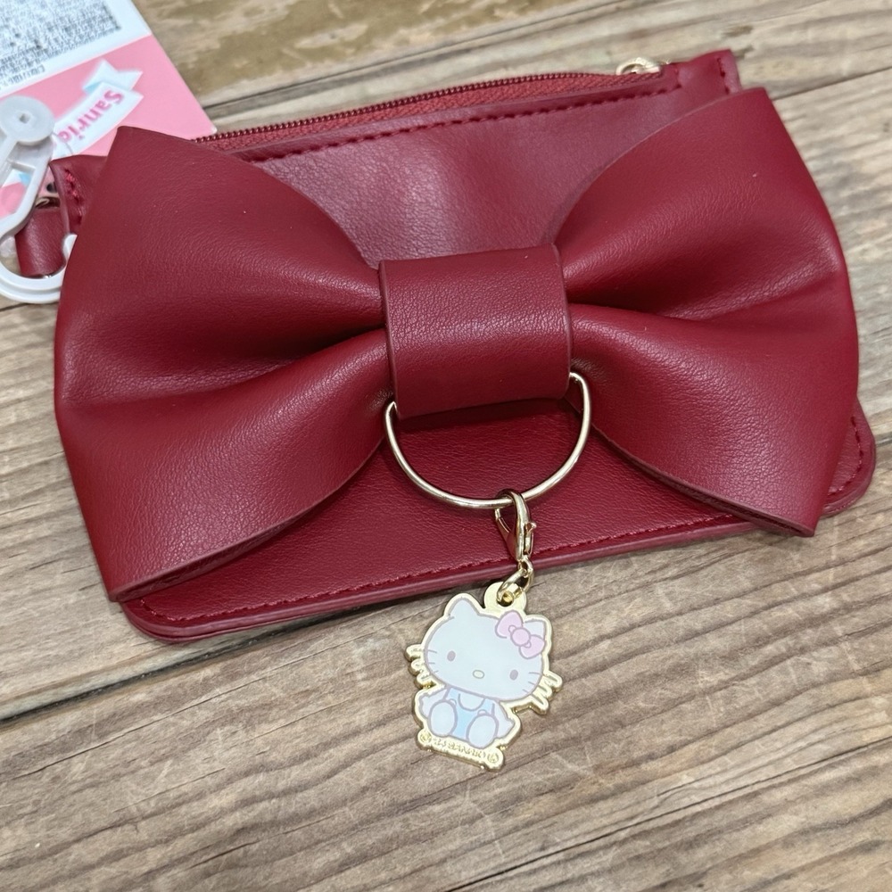 Sanrio Hello Kitty Wallet Women Small Bordeaux Red Excellent Bow Keychain Kawaii